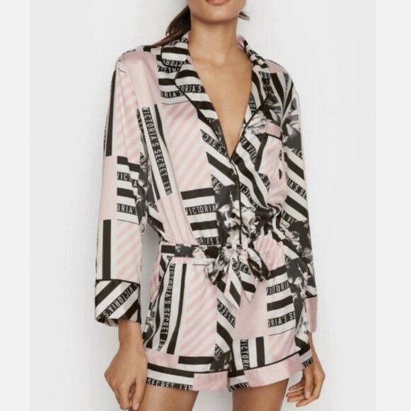 Victoria’s Secret Satin Romper Pajamas 1 Piece Belted Size Medium Pink/Black - Picture 1 of 7